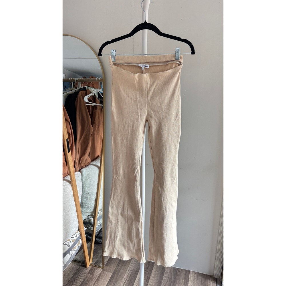 NWT Fashion Nova Ribbed Flare Pants Womens Large Beige Cutout Waist